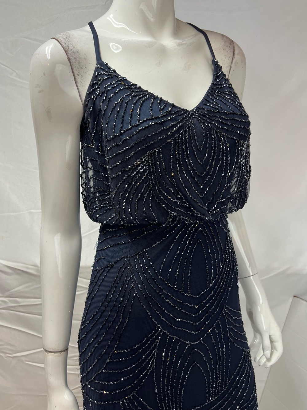 Adrianna Papell Women’s 2 Long Blue Beaded Formal Gown Dress Art Deco Evening - Picture 6 of 10